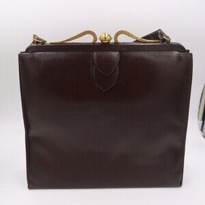 Vintage 1960s Large Brown Leather Handbag Gold Frame Kiss Lock Purse